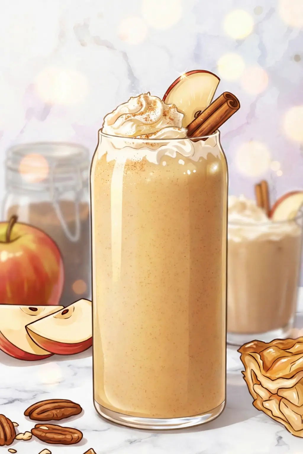 Christmas apple pie smoothie with cinnamon and nutmeg, anime-style illustration