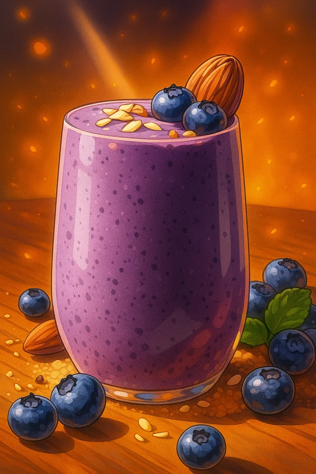 Deep purple blueberry banana smoothie with kale, almond milk, and chilled decaf green tea