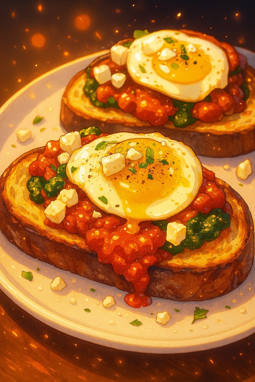 Toasted bread topped with shakshouka-style tomato sauce, pesto, feta, and two fried eggs in an anime-inspired illustration