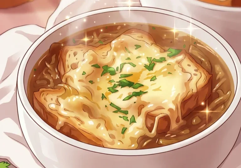 French onion soup topped with melted cheese over toasted bread, finished with chopped parsley in an anime-style illustration