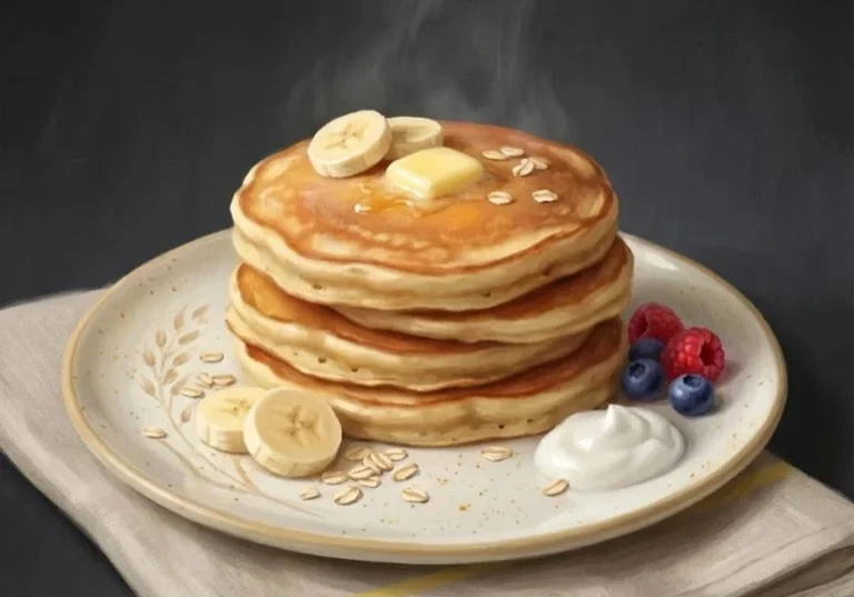 Painterly realistic stack of banana oat cottage cheese protein pancakes with butter, banana slices, oats, berries, and yogurt on a ceramic plate