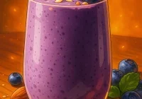 Anime-style illustration of a blueberry banana smoothie with almond milk topped with blueberries and almonds