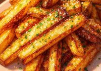 Anime-style illustration of golden crispy salted fries with herbs on a white plate