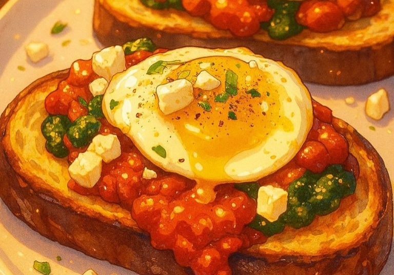 Anime-style illustration of Shakshouka toast with pesto, fried egg, and feta on a white plate