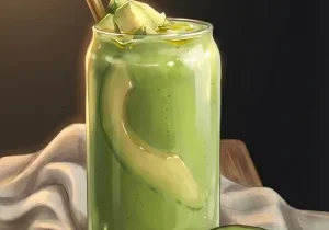 Creamy avocado green smoothie in a glass with avocado slices and straw