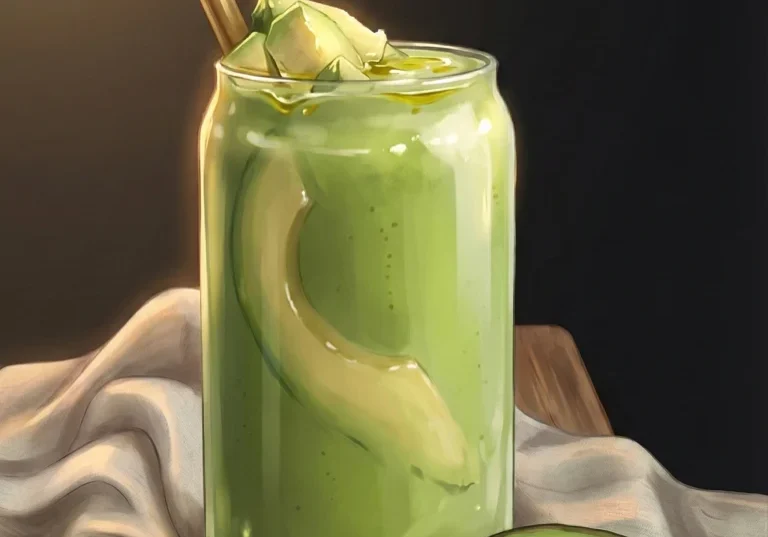 Creamy avocado green smoothie in a glass with avocado slices and straw