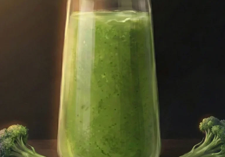 Green broccoli smoothie in a clear glass with fresh broccoli florets beside it
