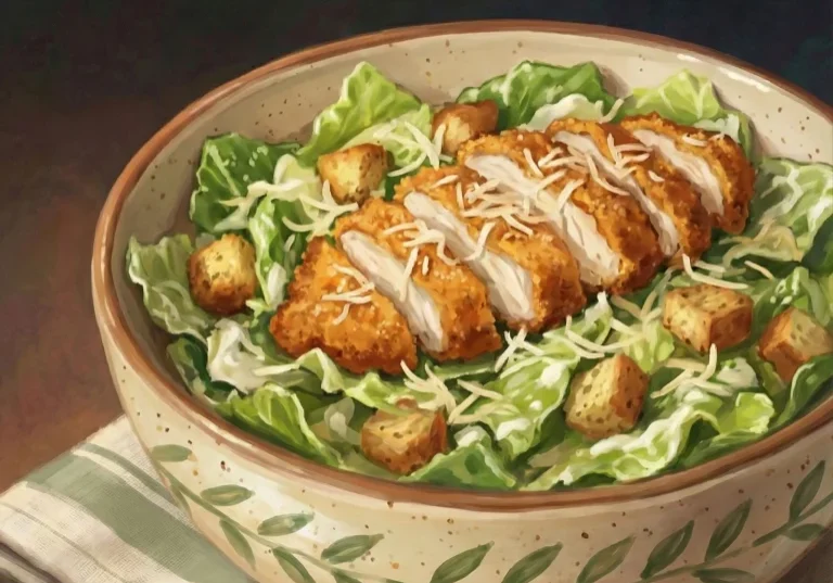 Crispy chicken Caesar salad with romaine, croutons, and grated parmesan in a bowl