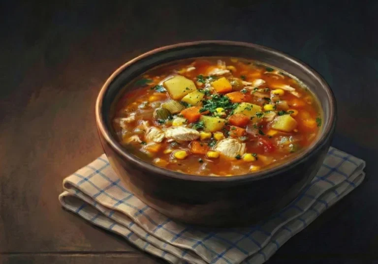 Bowl of chicken vegetable soup with potatoes, carrots, corn, green beans, and shredded chicken in a dark bowl
