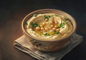 Bowl of classic hummus topped with chickpeas, olive oil, and herbs