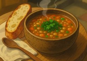 Illustration of a warm bowl of lentil soup with bread on the side