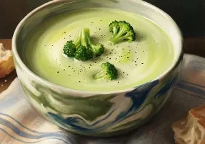 Bowl of creamy broccoli soup topped with broccoli florets and black pepper