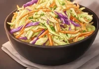Anime-style creamy coleslaw salad in a black bowl with green and red cabbage, carrot ribbons, herbs, and black pepper