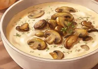 Creamy mushroom soup with sautéed mushrooms and fresh thyme in a ceramic bowl