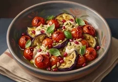 Painterly realistic eggplant and tomato salad with tahini, pistachios, pomegranate seeds, and basil in a ceramic bowl on a linen towel