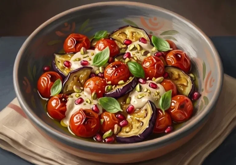 Painterly realistic eggplant and tomato salad with tahini, pistachios, pomegranate seeds, and basil in a ceramic bowl on a linen towel