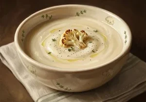 Painterly realistic bowl of creamy cauliflower soup with roasted cauliflower, thyme, and olive oil in a ceramic bowl on a linen towel