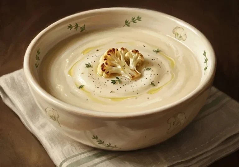 Painterly realistic bowl of creamy cauliflower soup with roasted cauliflower, thyme, and olive oil in a ceramic bowl on a linen towel
