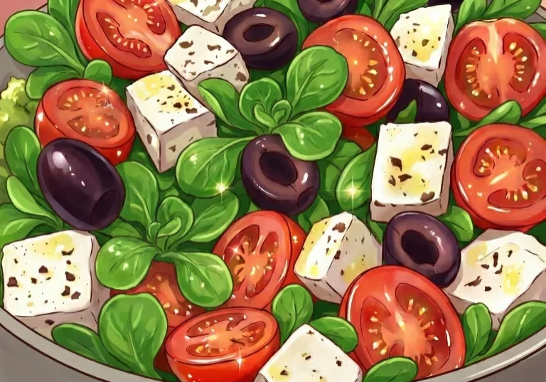 Lamb’s lettuce and tomatoes salad with mozzarella cubes and black olives in an anime-stylized illustration