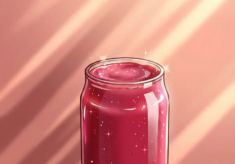 Anime-stylized rhubarb smoothie in a glass jar on a wooden board, with sliced rhubarb and warm sunbeams in the background.