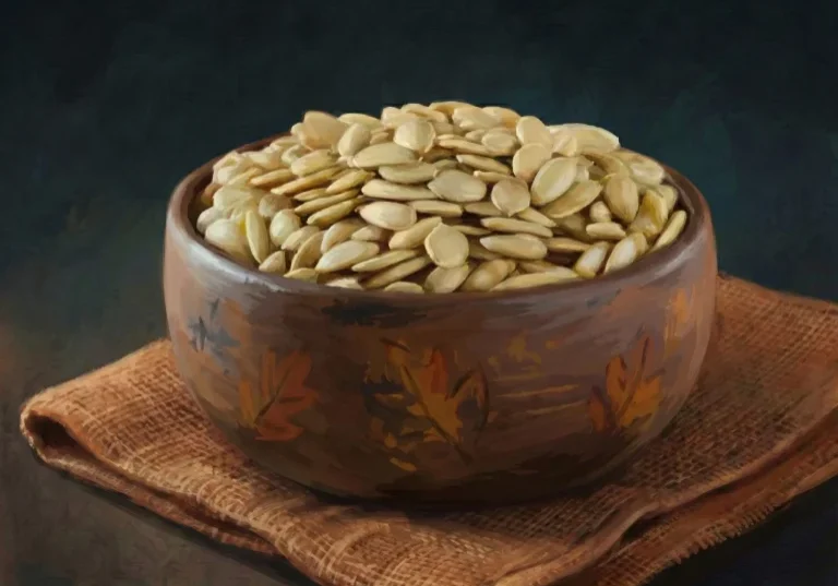 Bowl of roasted pumpkin seeds on a cloth napkin, illustrated style
