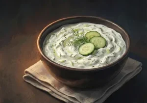 Creamy tzatziki made with Greek yogurt, cucumber, garlic, and dill in an anime-style illustration