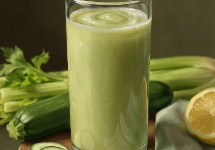 Painterly realistic glass of zucchini, cucumber, celery, and lemon green juice on a wooden board with fresh vegetables and linen cloth