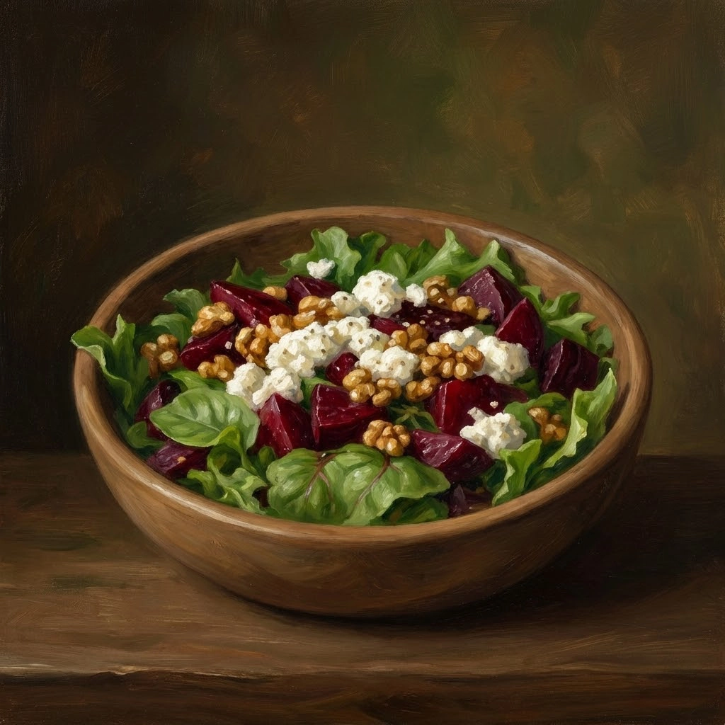 Beetroot salad with walnuts and goat cheese in a wooden bowl, dark painterly illustration