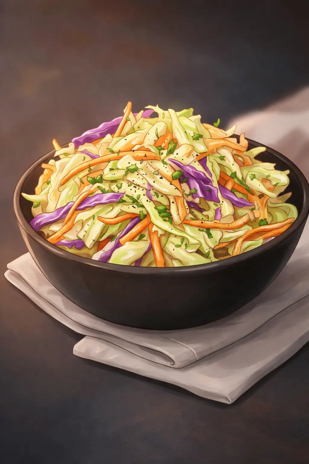 Creamy coleslaw salad with green and red cabbage, carrots, and spring onions in an anime-stylized illustration