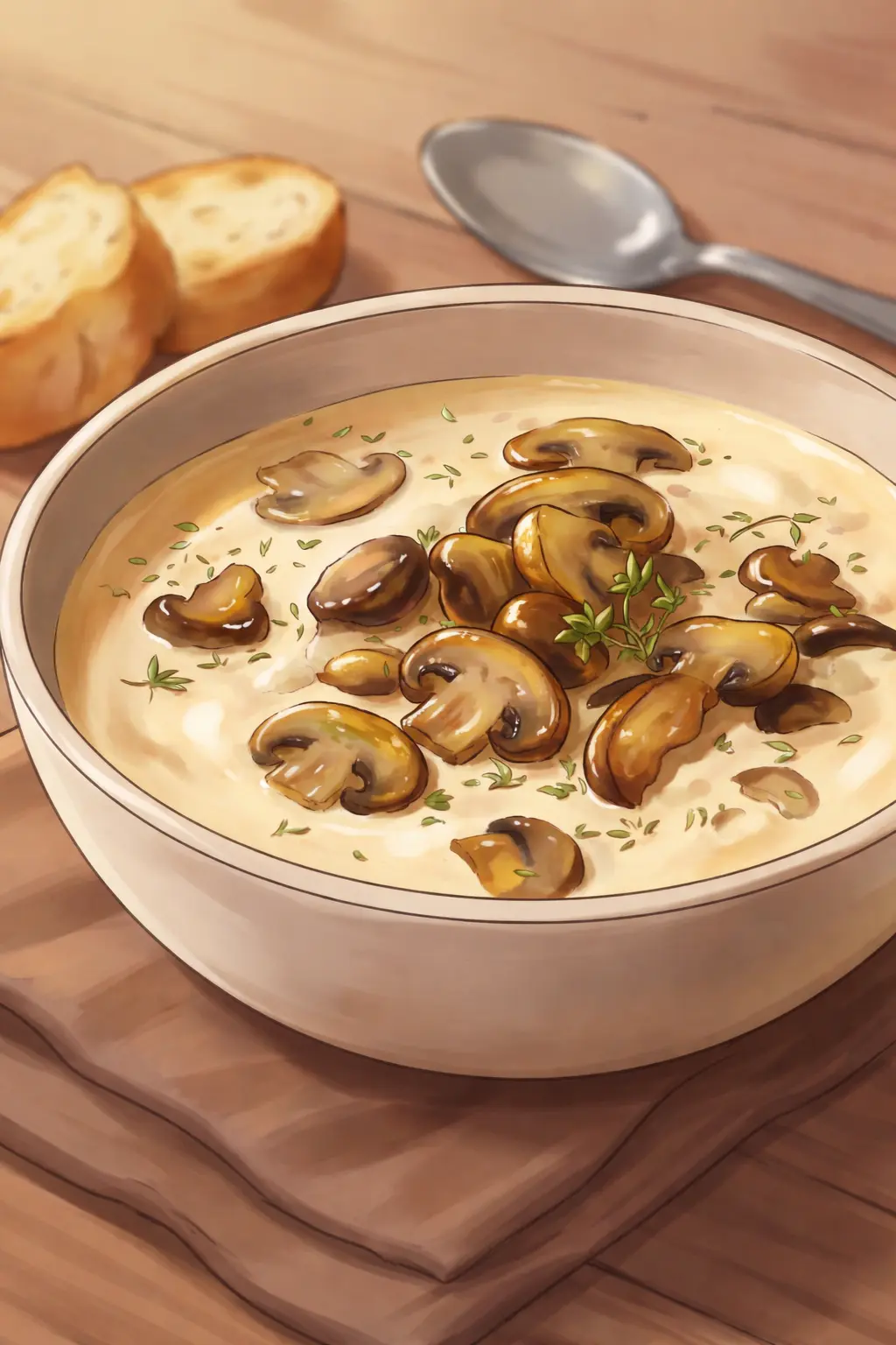 Anime-stylized bowl of creamy mushroom soup with thyme and parsley