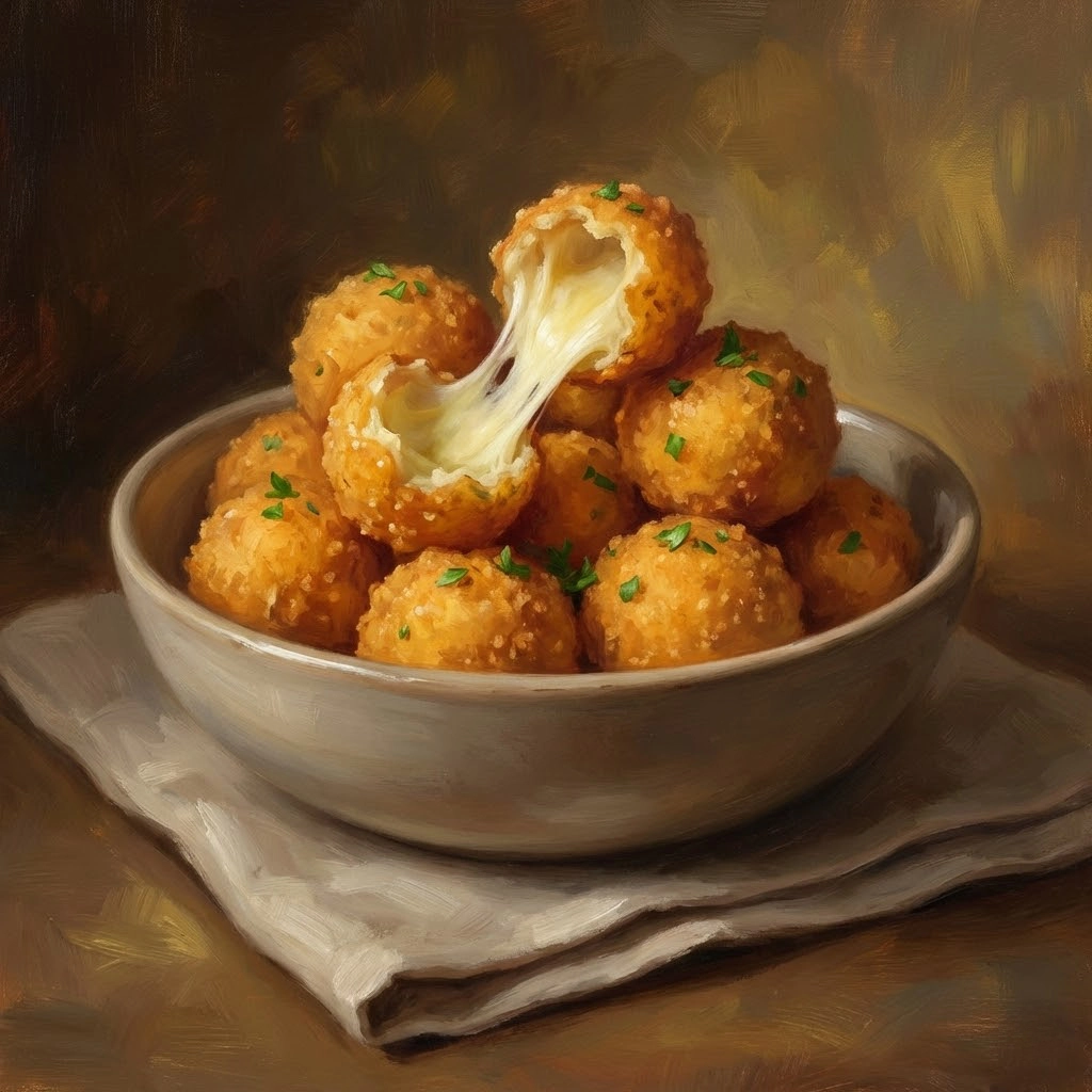 Crispy cheese balls with a melted cheese pull served in a bowl, dark painterly illustration