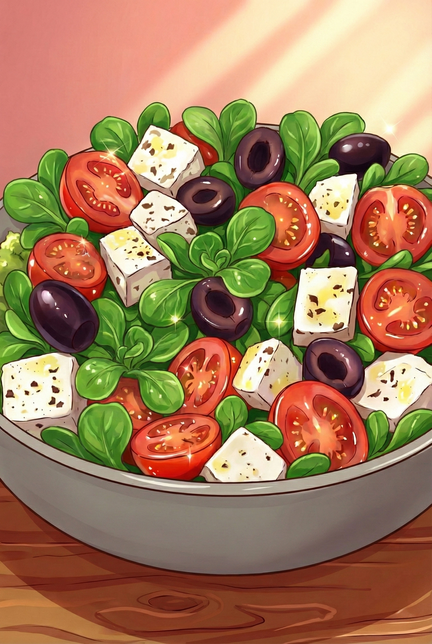 Lamb’s lettuce and tomatoes salad with mozzarella, black olives, basil, lemon, and olive oil in an anime-stylized illustration