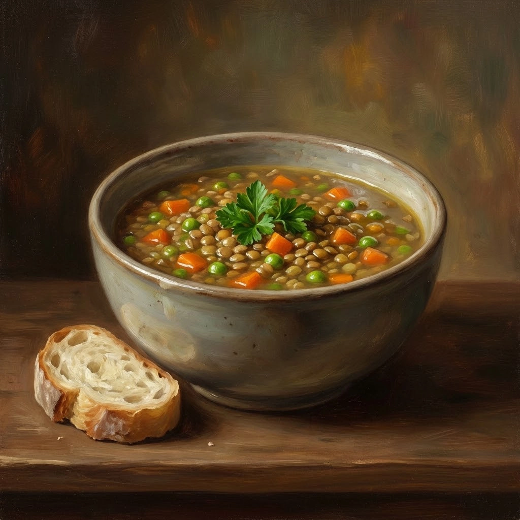Hearty lentil and vegetable soup served in a bowl with bread, dark painterly illustration