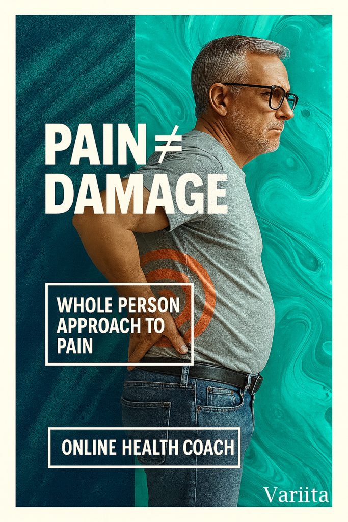 Man holding lower back with pain target graphic and text Pain ≠ Damage. Whole person approach to pain by Variita, online health coach.