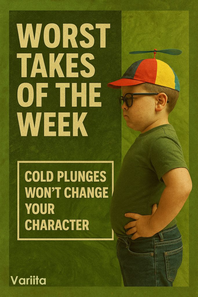 Humorous poster featuring a young boy in glasses and a colorful propeller beanie, standing with hands on hips against a textured green background, with bold text reading 'Worst Takes of the Week - Cold Plunges Won’t Change Your Character.'